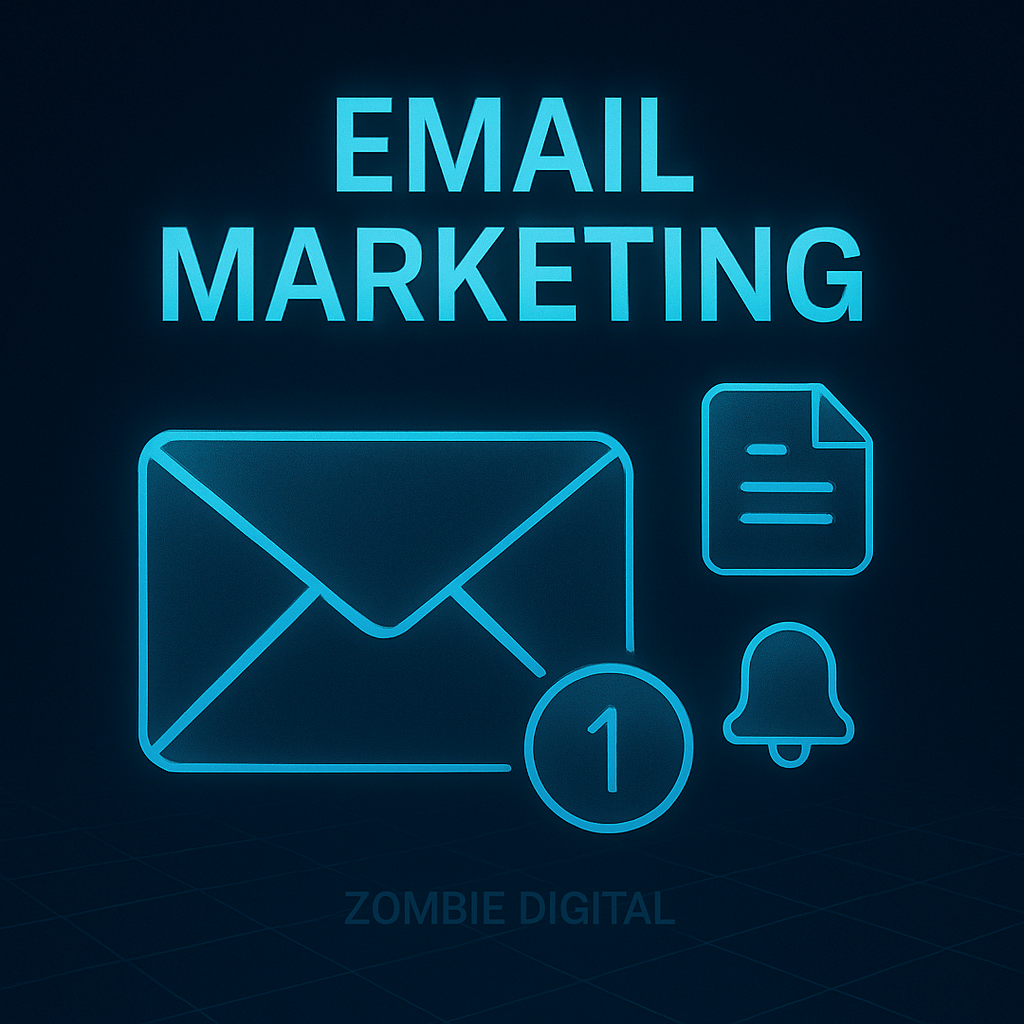 Futuristic email marketing graphic with glowing neon-blue icons of an envelope, bell, and document on a dark grid background, subtly labeled “Zombie Digital.”