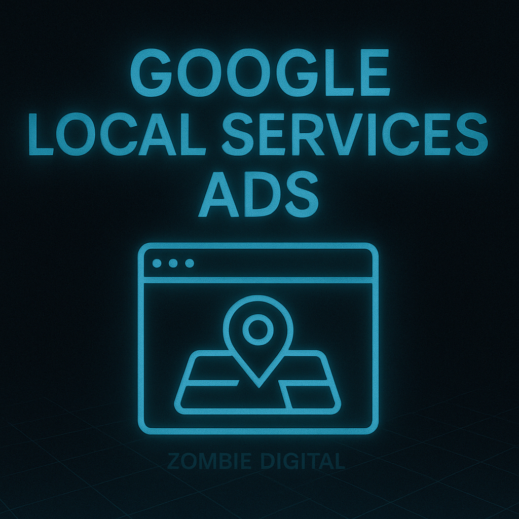 Futuristic Google Local Services Ads graphic featuring neon-blue icons of a browser window with a location pin, with “GOOGLE LOCAL SERVICES ADS” text above and “Zombie Digital” subtly below.