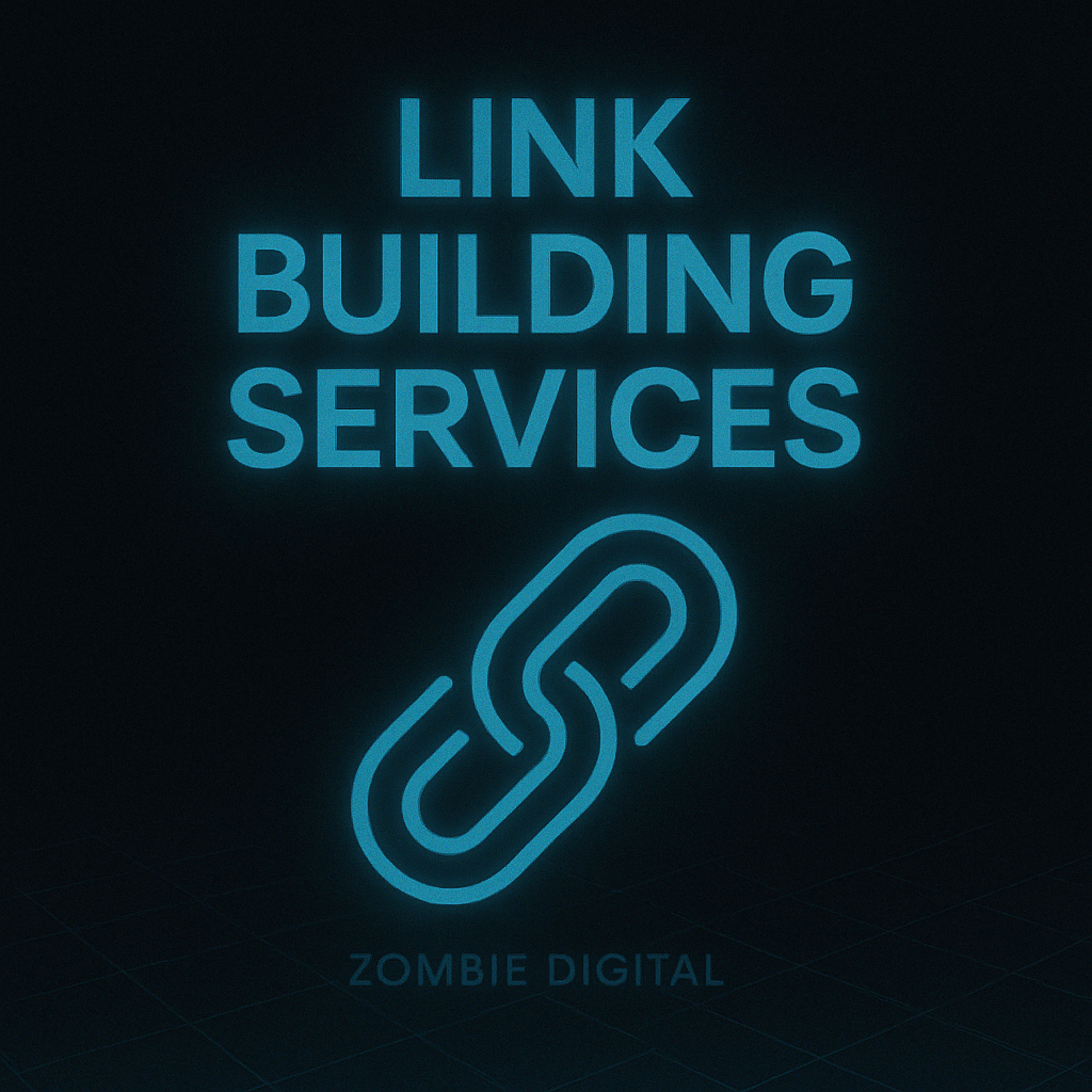 Futuristic link building services graphic with glowing neon-blue interlocking chain icon, bold “LINK BUILDING SERVICES” text above, and “Zombie Digital” subtly at the bottom.