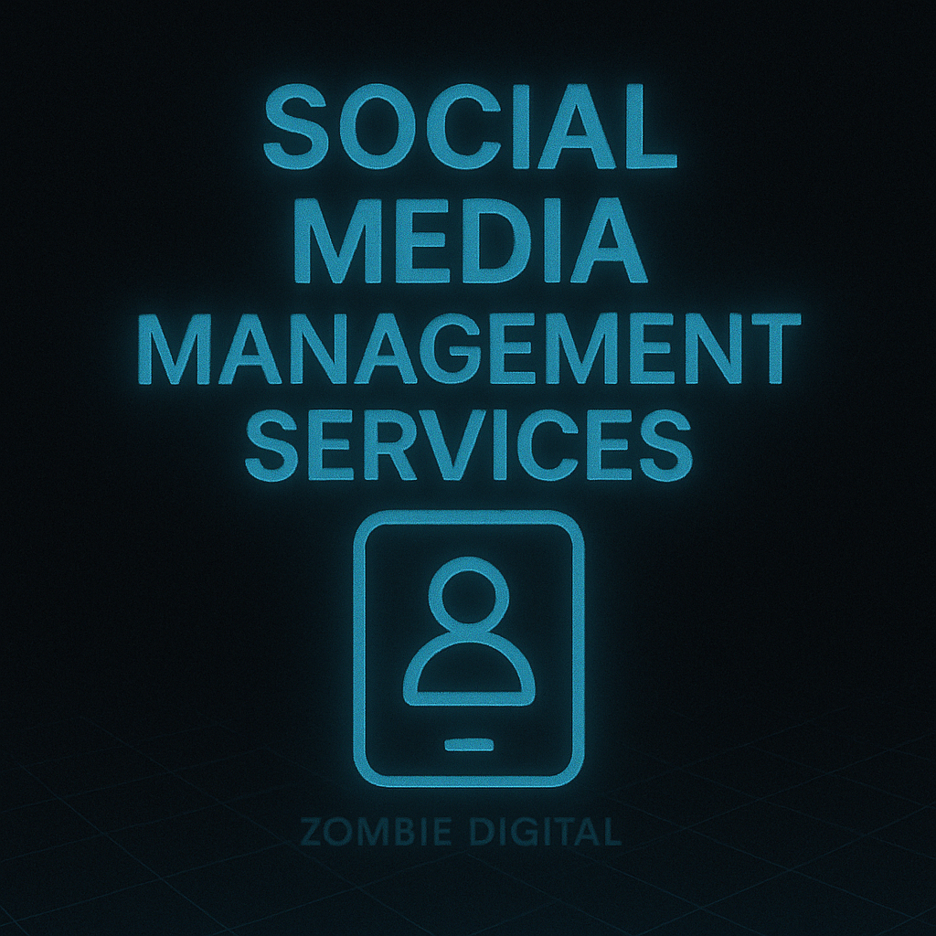 Neon blue digital graphic for Social Media Management Services featuring bold stacked text, a glowing smartphone icon with a user profile, and subtle “Zombie Digital” branding at the bottom.