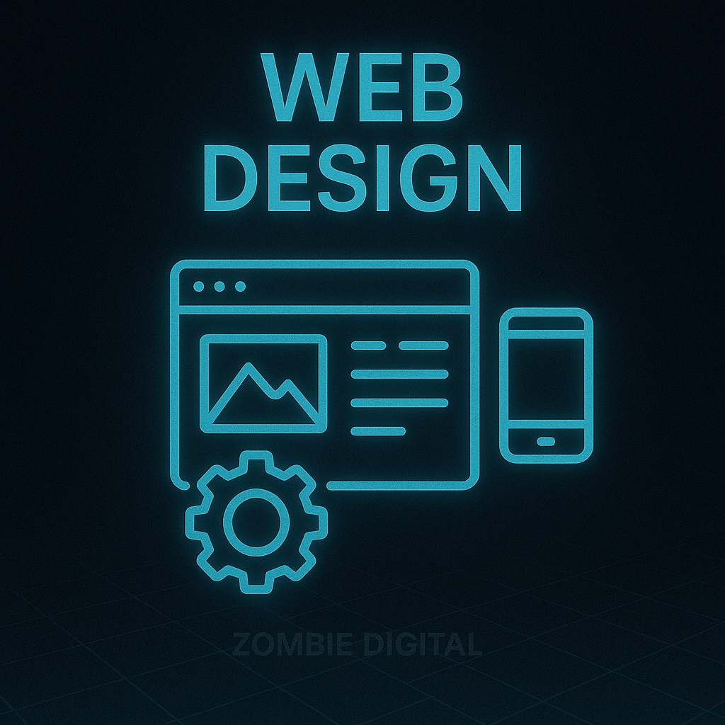 Futuristic web design graphic with neon-blue icons of a browser layout, smartphone, and gear, with “WEB DESIGN” at the top and “Zombie Digital” subtly displayed at the bottom.
