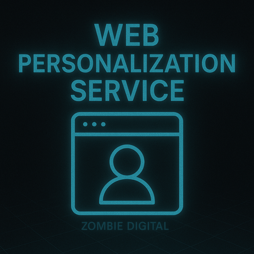 Neon-blue web personalization service graphic featuring a browser window with a user profile icon, glowing text “WEB PERSONALIZATION SERVICE,” and subtle “Zombie Digital” branding at the bottom.